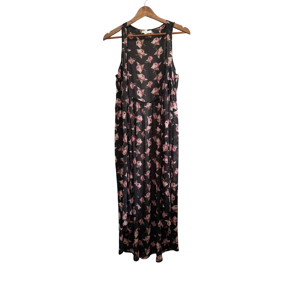 Mudd Floral Duster Vest Women L Black Pink Excellent Sheer Maxi Rose Boho